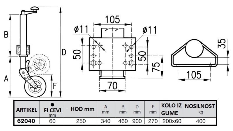 NAVOJNA PODPORNA NOGA S KOLESOM    60 mm   400 kg  
